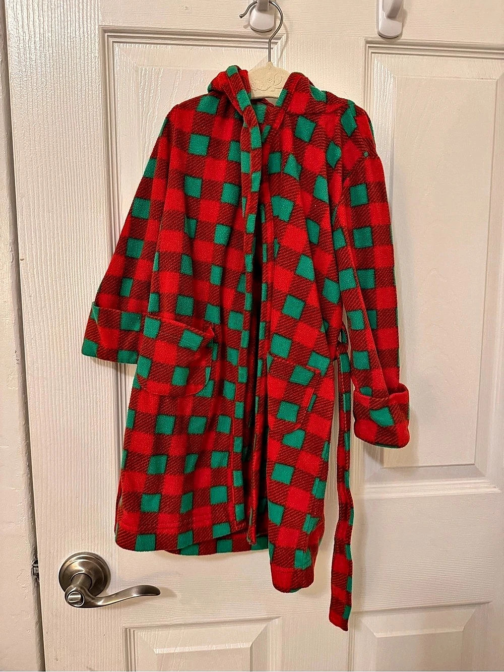 Leveret Kids Fleece Hooded Robe Plaid Red & Green 3T